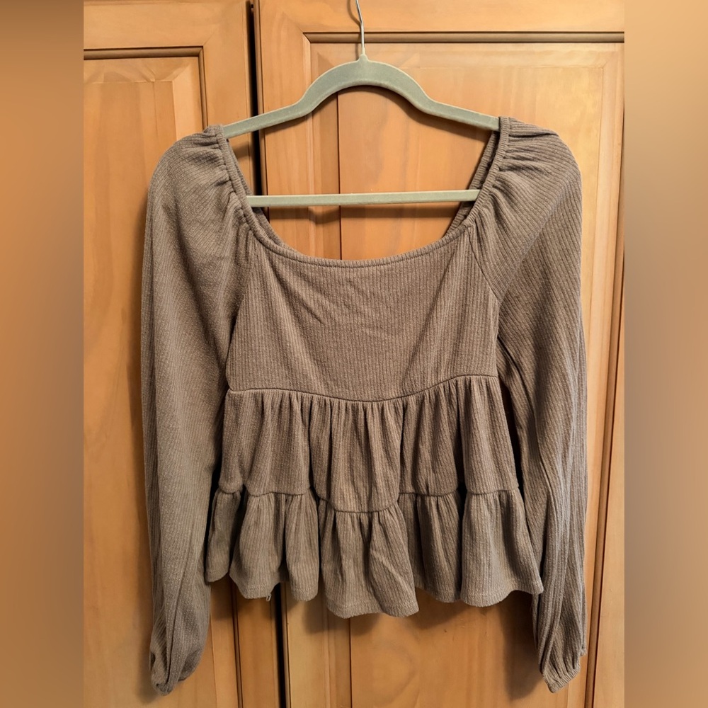 Altar'd State Taupe Ribbed Ruffled Peplum Top